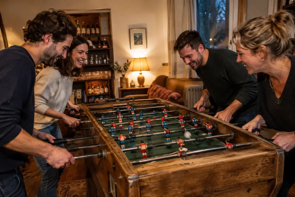 Quatre amis disputent une partie de baby-foot dans un salon un soir d'hiver