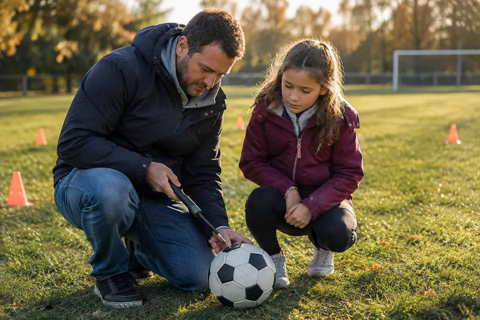 Un père et sa fille gonflent un ballon de foot au bord d'un terrain municipal un matin d'automne