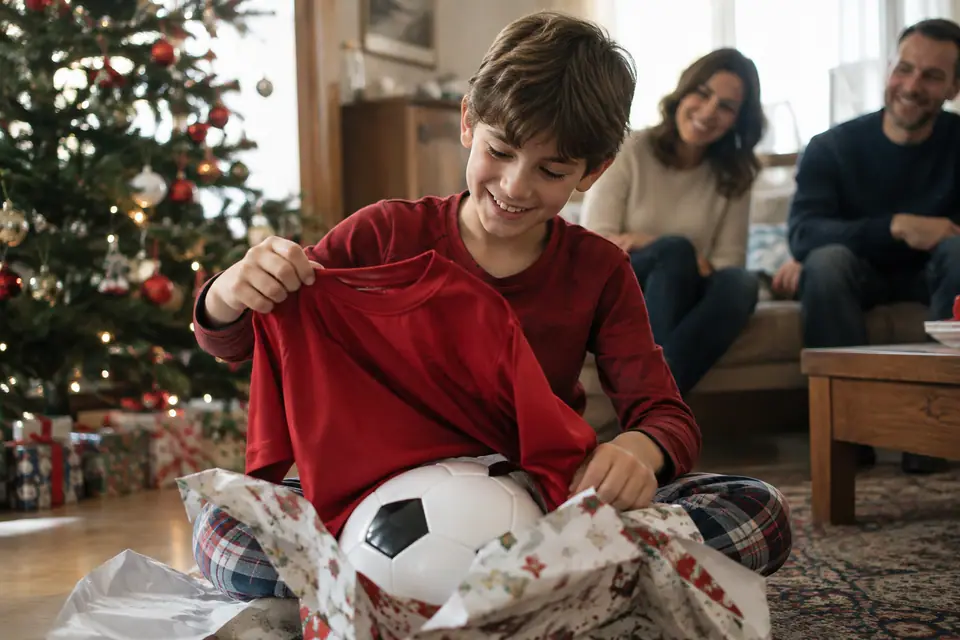 Un enfant déballe un ballon et un maillot de foot au pied du sapin de Noël