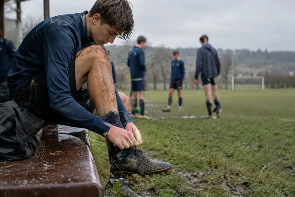 Un jeune joueur amateur lace ses chaussures de foot au bord d'un terrain boueux en novembre