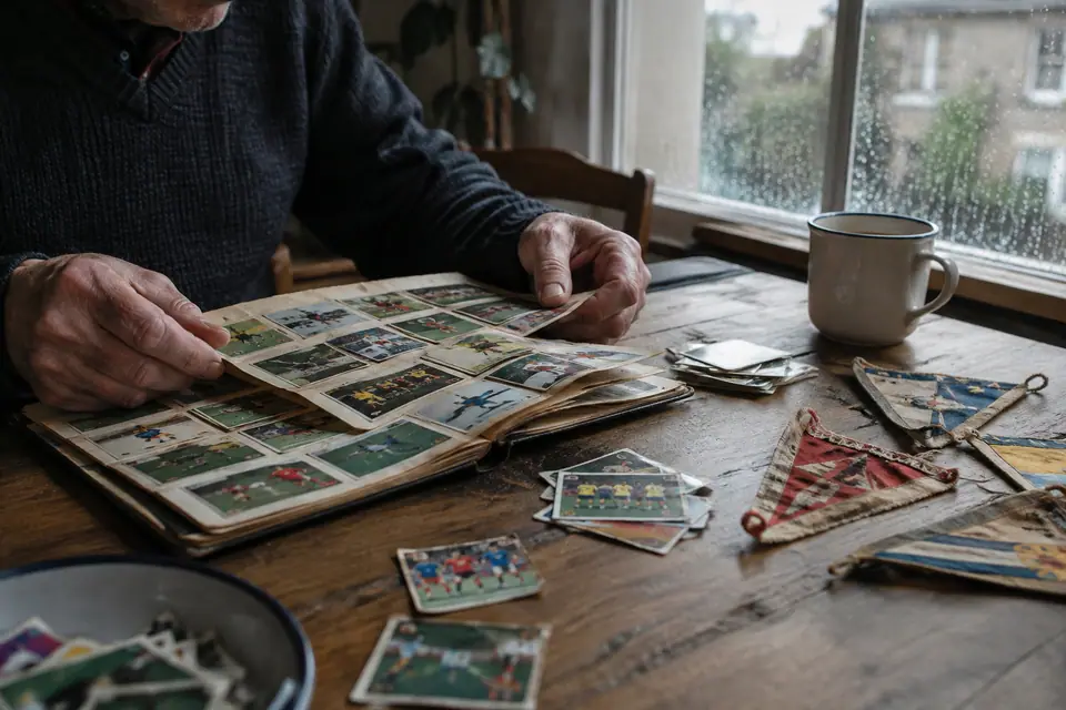 Un homme feuillette un vieil album de vignettes de foot sur une table de cuisine