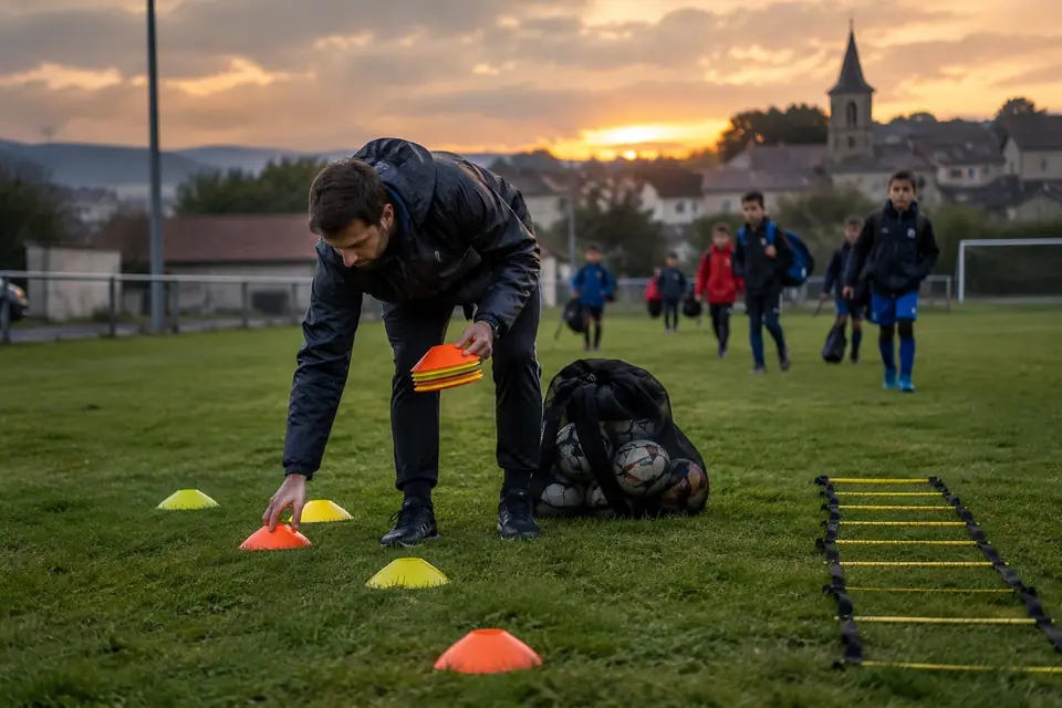 Un éducateur installe des coupelles et une échelle de rythme sur le terrain avant l'entraînement