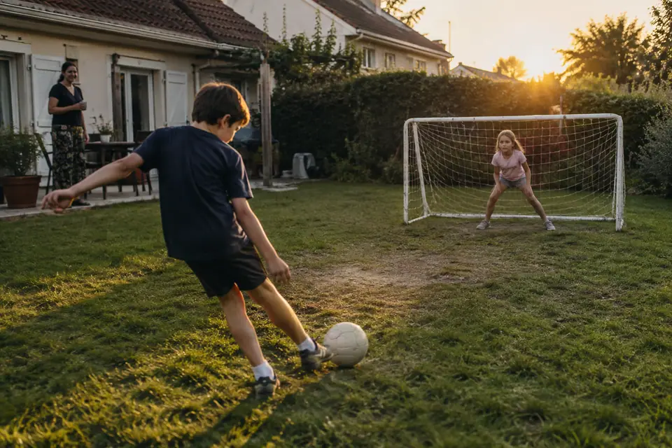 Un enfant tire au but dans le jardin familial pendant que sa petite sœur garde la cage