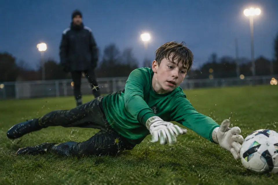 Un jeune gardien de but plonge pour arrêter un tir lors d'un entraînement du soir sous les projecteurs