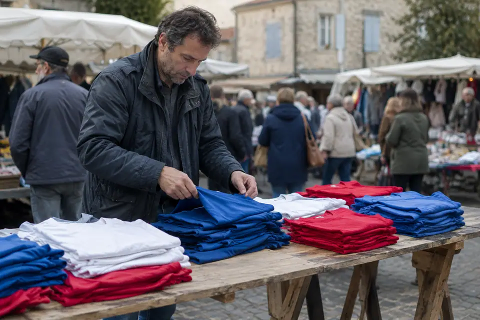Un homme trie des maillots de foot anciens sur une table de brocante un dimanche matin