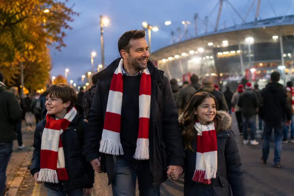Un père et ses deux enfants en écharpes marchent vers le stade un soir de match