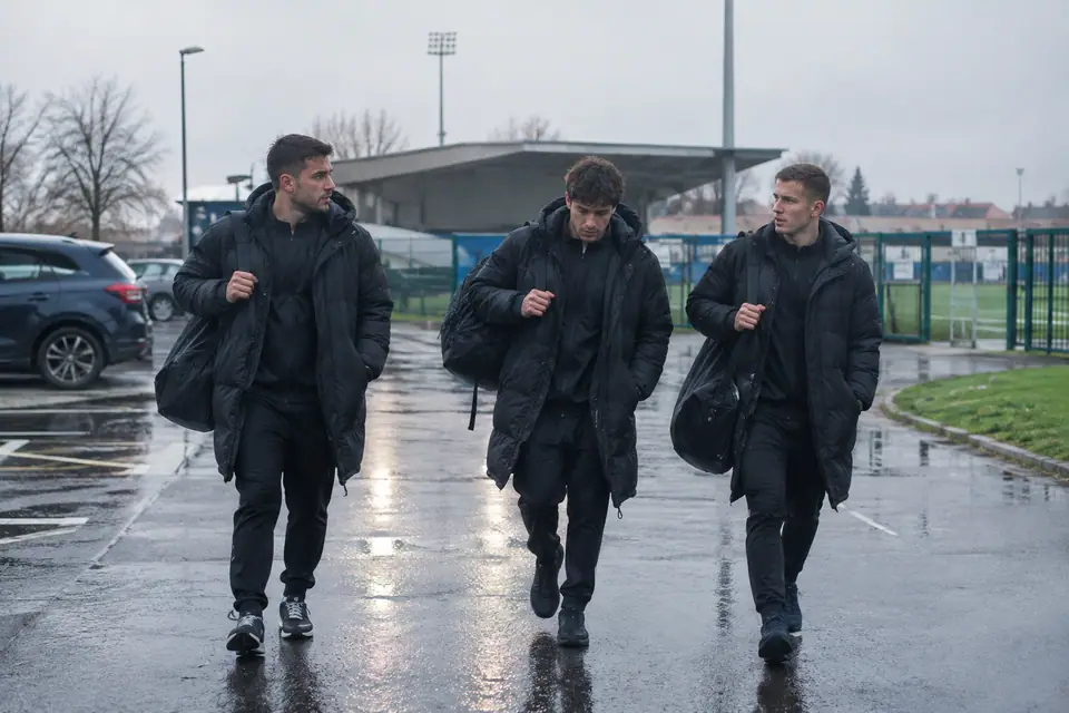 Trois joueurs amateurs en survêtement et parka marchent vers le stade sous la pluie, sac à l'épaule