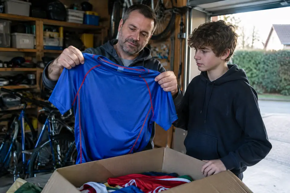 Un père et son fils trient de vieux maillots de foot dans un carton au garage