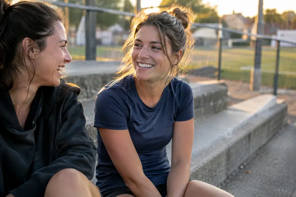 Une jeune femme en maillot de foot bleu foncé assise sur les marches d'un petit stade de quartier