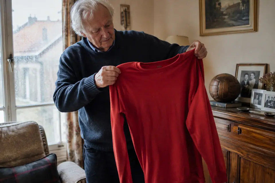 Un homme âgé déplie un maillot de foot rouge rétro à manches longues dans son salon