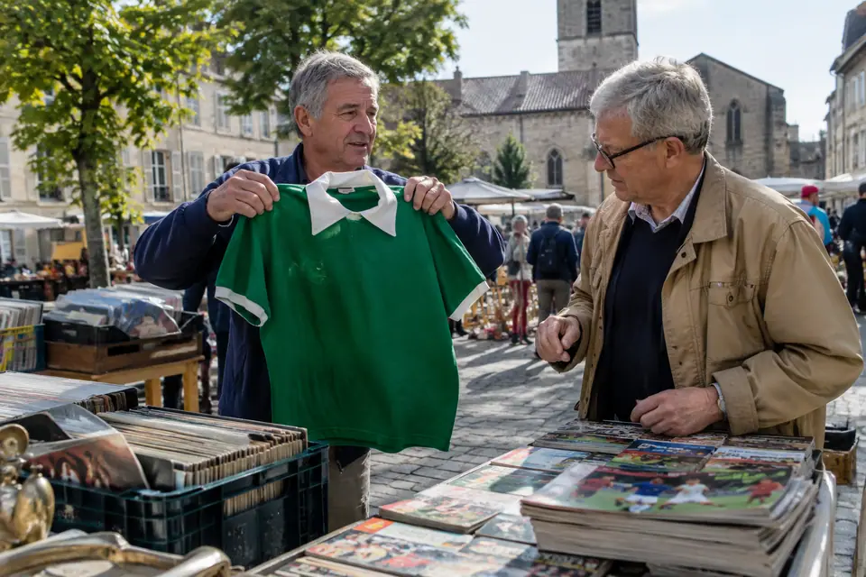 Deux hommes examinent un maillot de foot vert rétro à grand col sur un stand de brocante