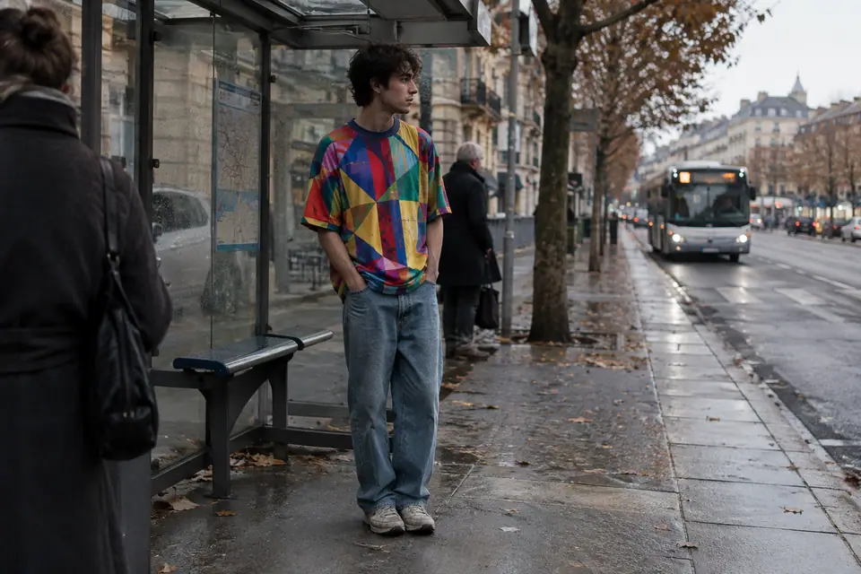 Un jeune homme porte un maillot de foot rétro ample et coloré à un arrêt de bus
