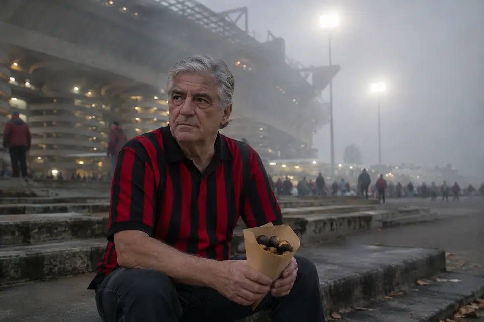 Supporter d'une soixantaine d'années en maillot rayé rouge et noir assis devant un stade un soir de brouillard