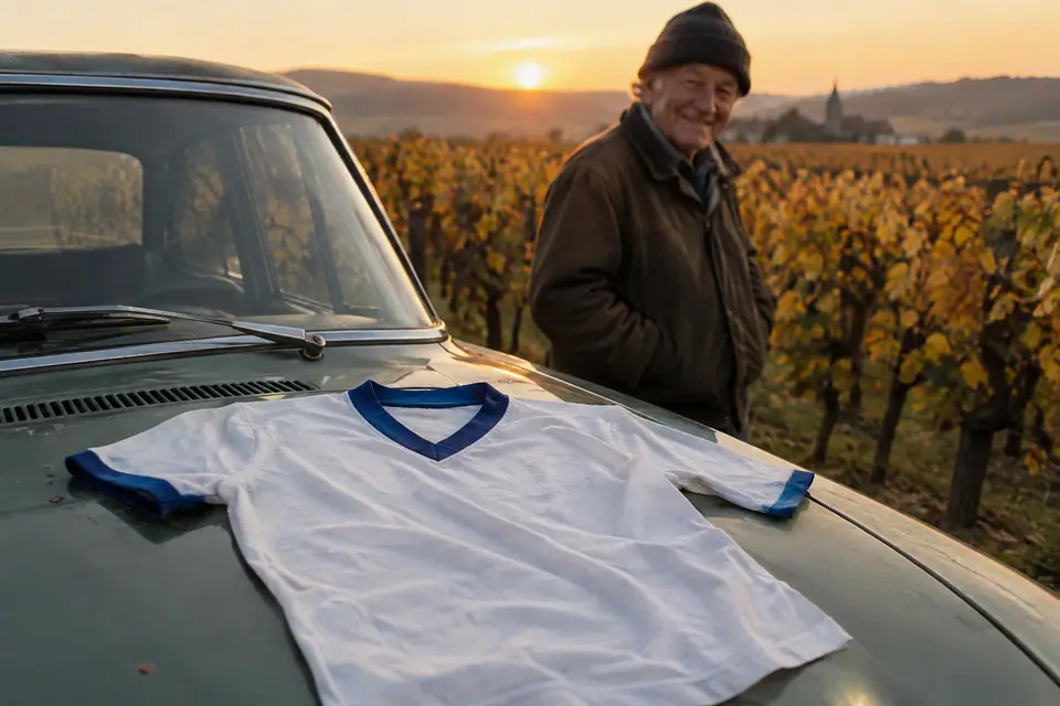 Maillot de foot blanc à col bleu de style rétro posé sur une vieille voiture près des vignes