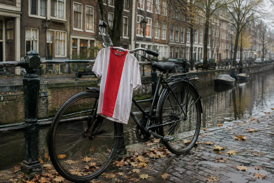 Maillot de foot blanc à large bande rouge accroché au guidon d'un vélo au bord d'un canal
