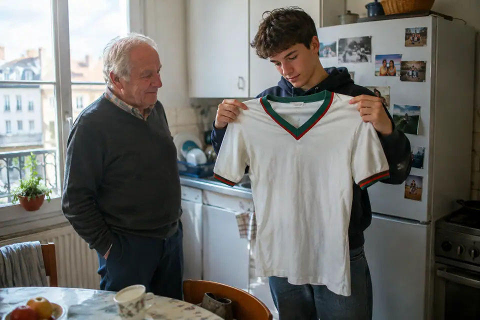Un grand-père et son petit-fils admirent un maillot de foot blanc à col vert dans une cuisine