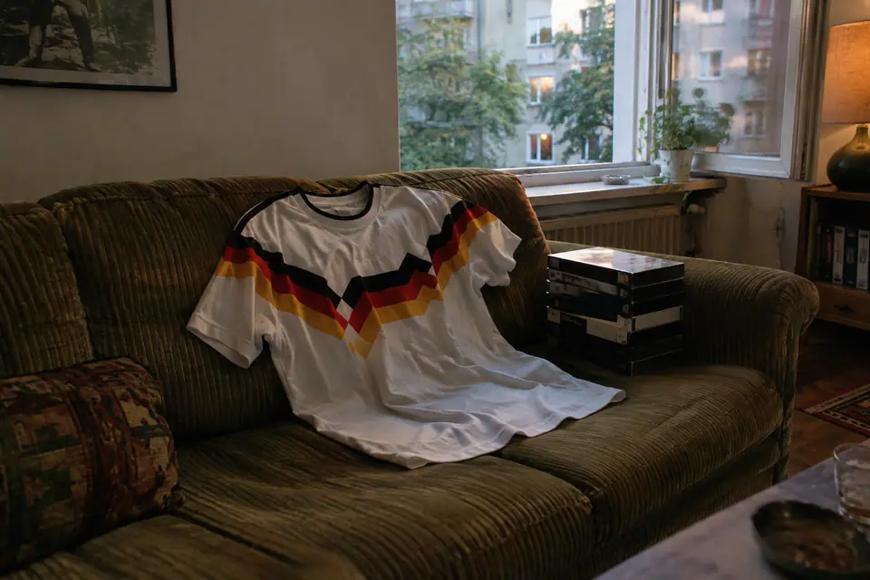 Maillot de foot blanc rétro à motif noir, rouge et or posé sur un vieux canapé
