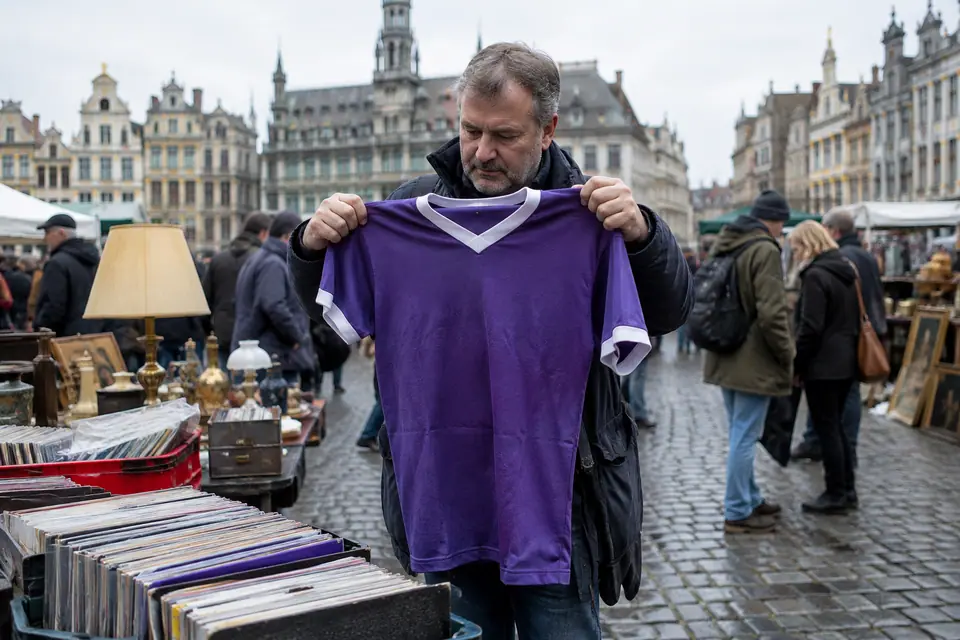 Homme tenant un maillot de foot mauve rétro dans un marché aux puces sur une place pavée de Bruxelles