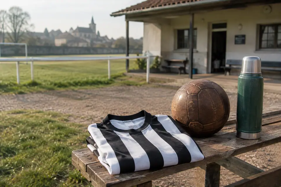 Maillot de foot rétro rayé noir et blanc plié sur un banc devant un club-house amateur
