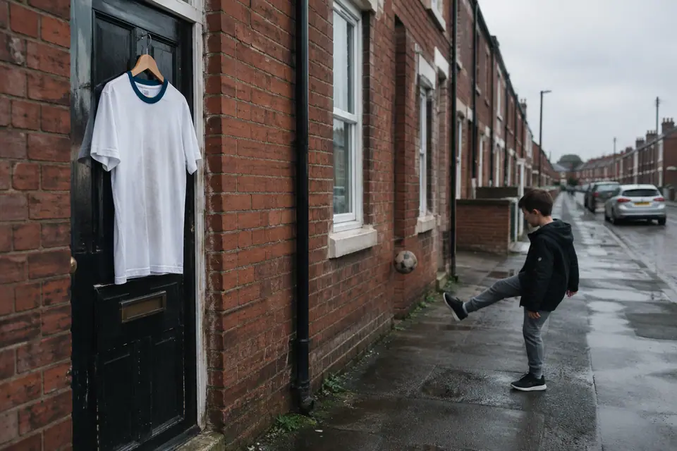 Maillot de foot blanc rétro suspendu à la porte d'une maison de brique anglaise