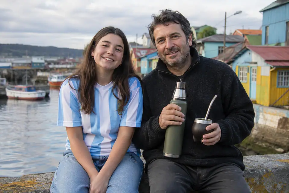Adolescente en maillot rayé bleu ciel et blanc assise sur un muret devant des maisons colorées