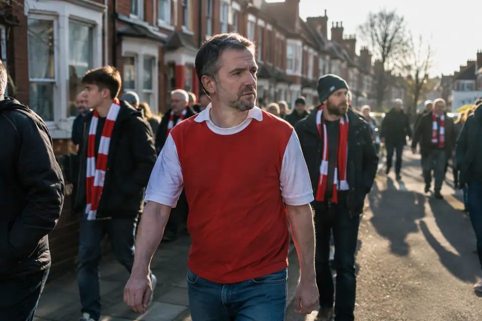 Supporter en maillot rouge aux manches blanches marchant dans une rue de brique londonienne un jour de match