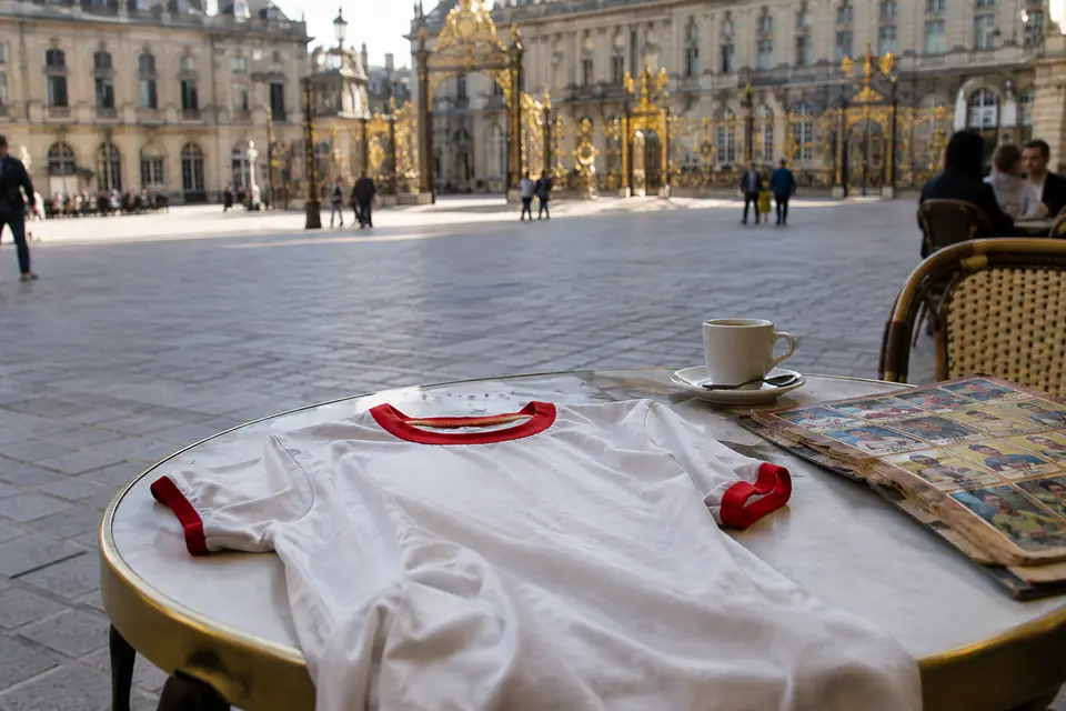 Maillot de foot blanc rétro à liseré rouge posé sur une table de terrasse dans une grande place