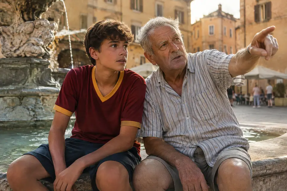 Adolescent en maillot rétro rouge foncé et jaune assis avec son grand-père au bord d'une fontaine sur une place italienne