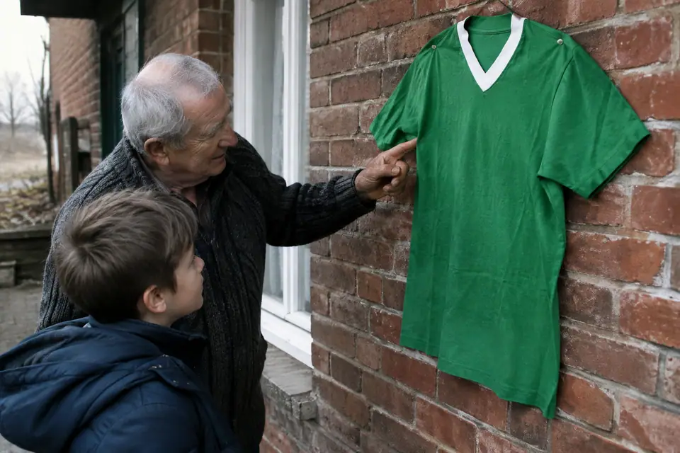 Grand-père montrant à son petit-fils un maillot de foot vert rétro accroché à un mur de briques