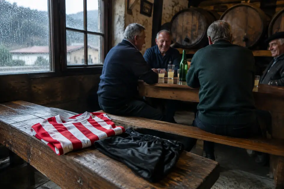 Maillot de foot rétro à rayures rouges et blanches posé sur un banc en bois dans une cidrerie basque