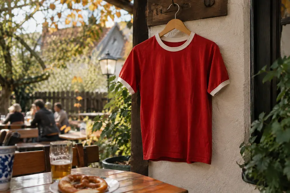Maillot de foot rouge rétro à finitions blanches suspendu dans un jardin de brasserie en automne