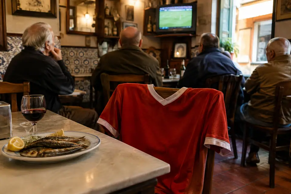 Maillot de foot rouge de style rétro posé sur une chaise dans une taverne carrelée de Lisbonne