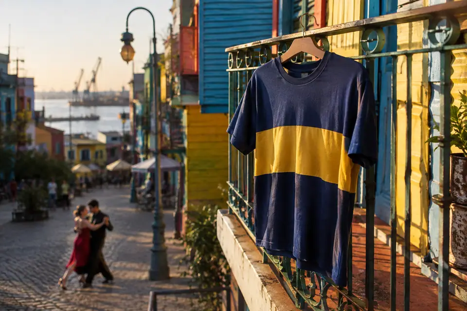 Maillot de foot bleu à bande jaune suspendu au balcon d'une maison colorée d'un quartier portuaire