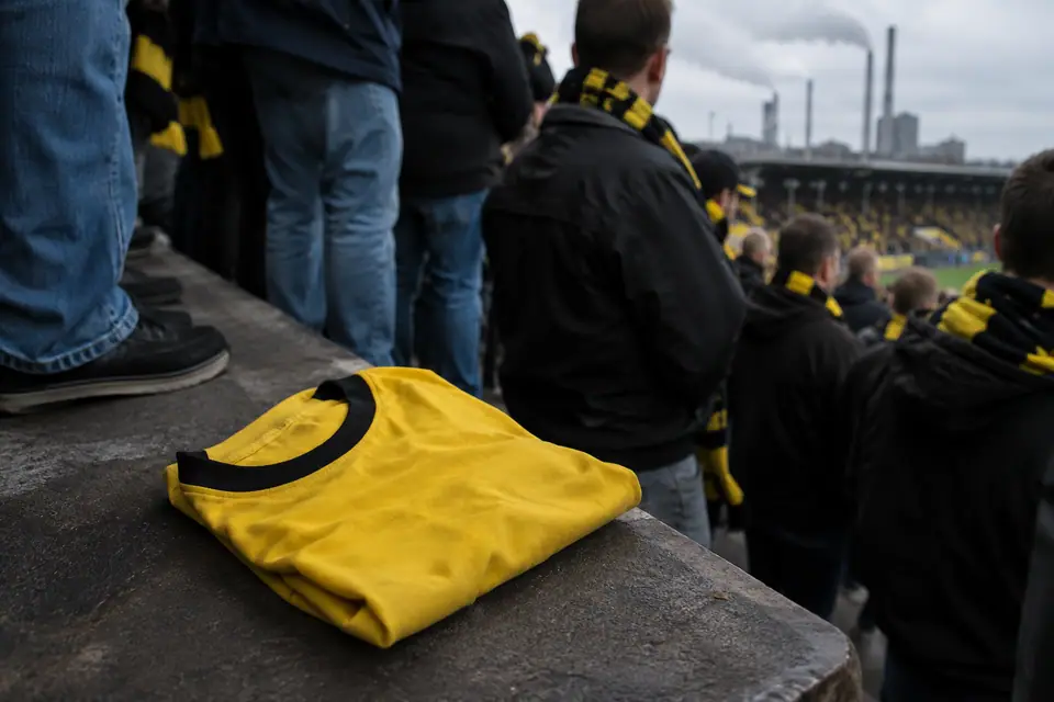 Maillot de foot jaune à col noir posé sur une marche de tribune debout avant un match