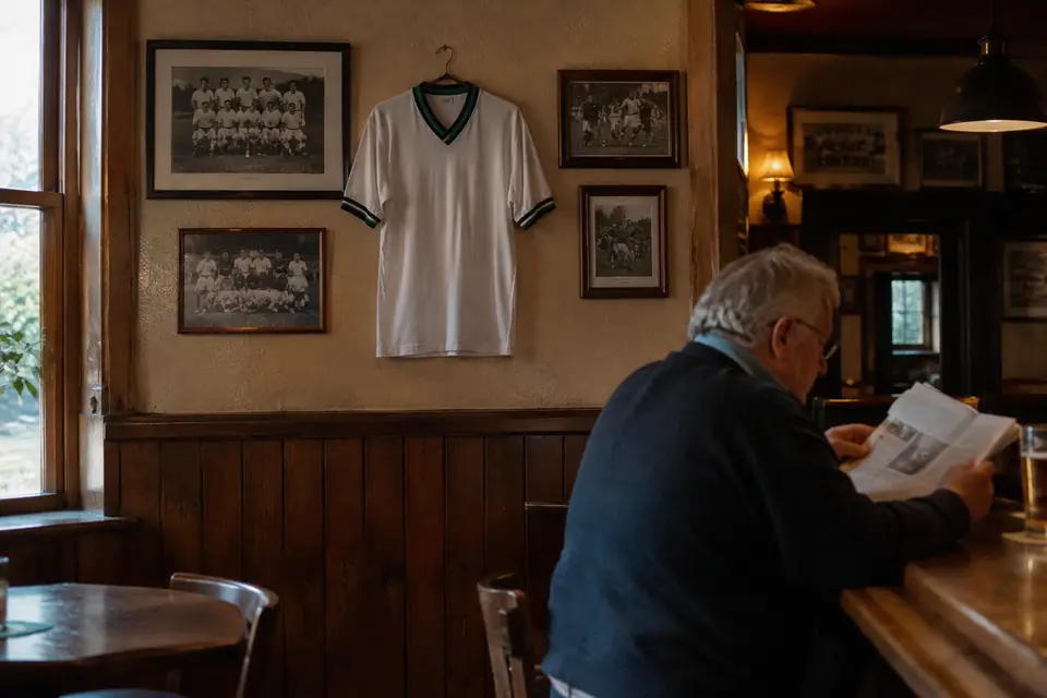 Maillot de foot blanc à liserés noir et vert accroché au mur d'un bistrot allemand