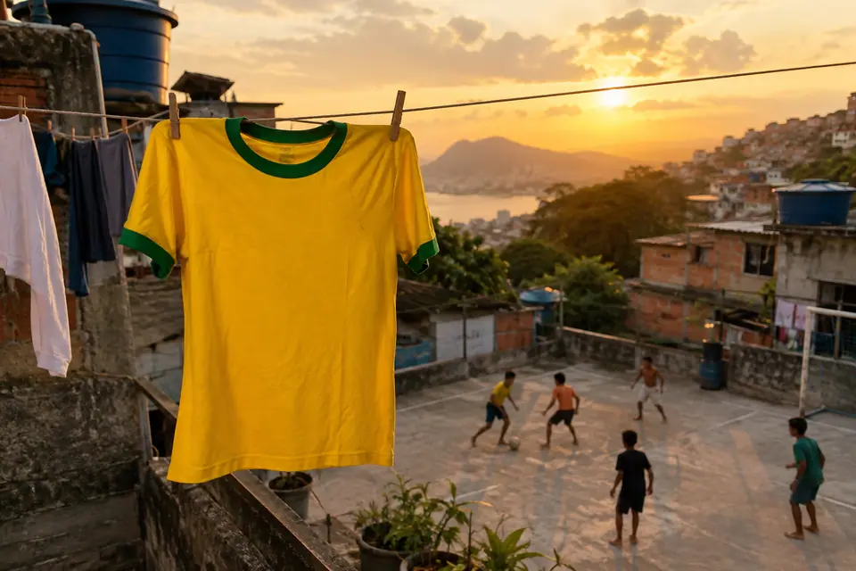 Maillot de foot jaune à col vert qui sèche sur une terrasse, des enfants jouent au ballon en contrebas