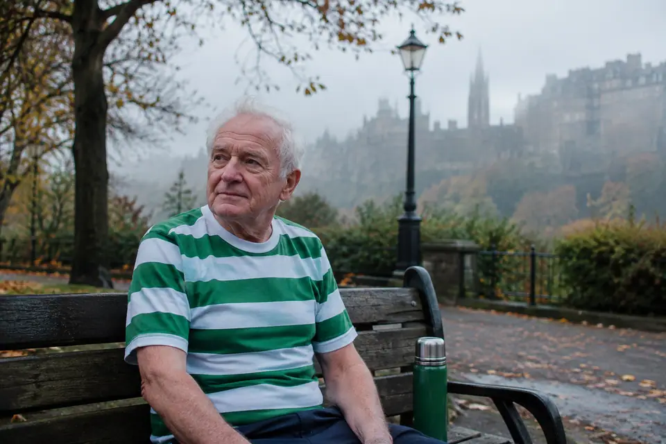 Vieil homme en maillot de foot à cerceaux verts et blancs assis sur un banc dans un parc écossais