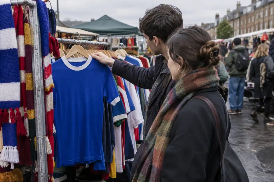 Maillot de foot bleu royal rétro sur le portant d'une brocante dans un marché londonien