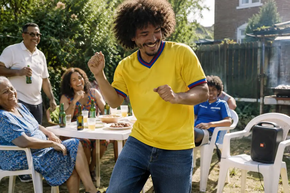 Homme aux cheveux frisés en maillot de foot jaune qui danse lors d'un barbecue familial