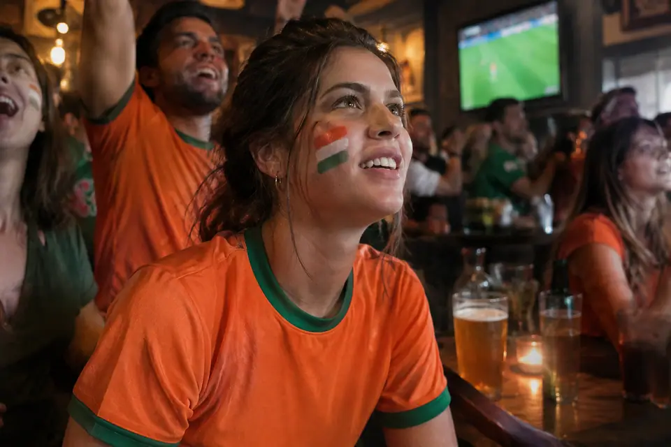 Une supportrice maquillée aux couleurs ivoiriennes, en maillot orange, regarde un match dans un bar