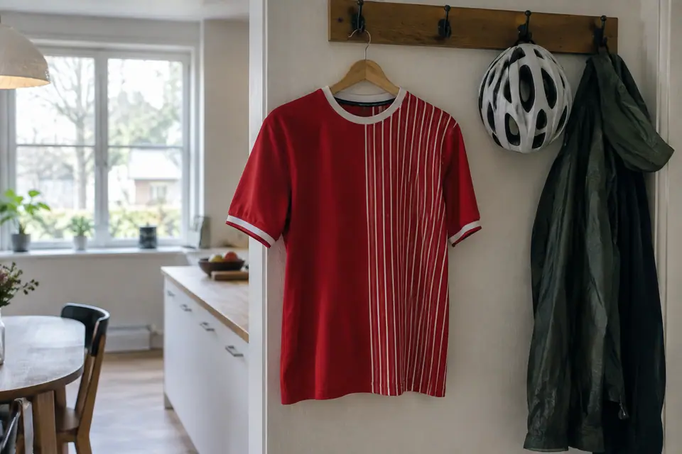 Maillot de foot rouge rétro moitié uni, moitié rayé, accroché dans une cuisine lumineuse