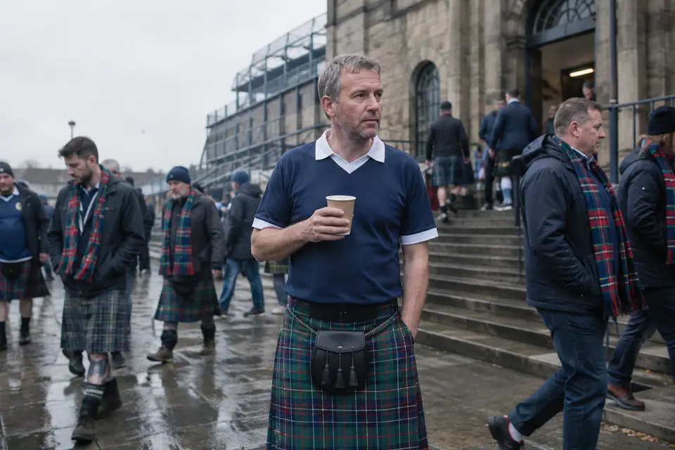 Supporter en kilt et maillot bleu marine rétro devant un vieux stade par temps gris
