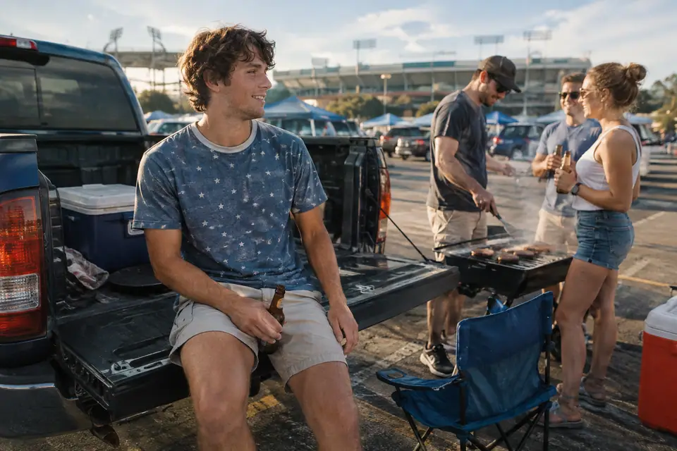 Jeune homme en maillot de foot bleu délavé à étoiles assis à l'arrière d'un pick-up sur un parking