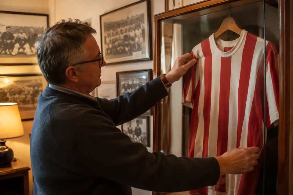 Collectionneur ajustant un maillot rétro rayé rouge et blanc dans une vitrine entourée de vieilles photos d'équipe