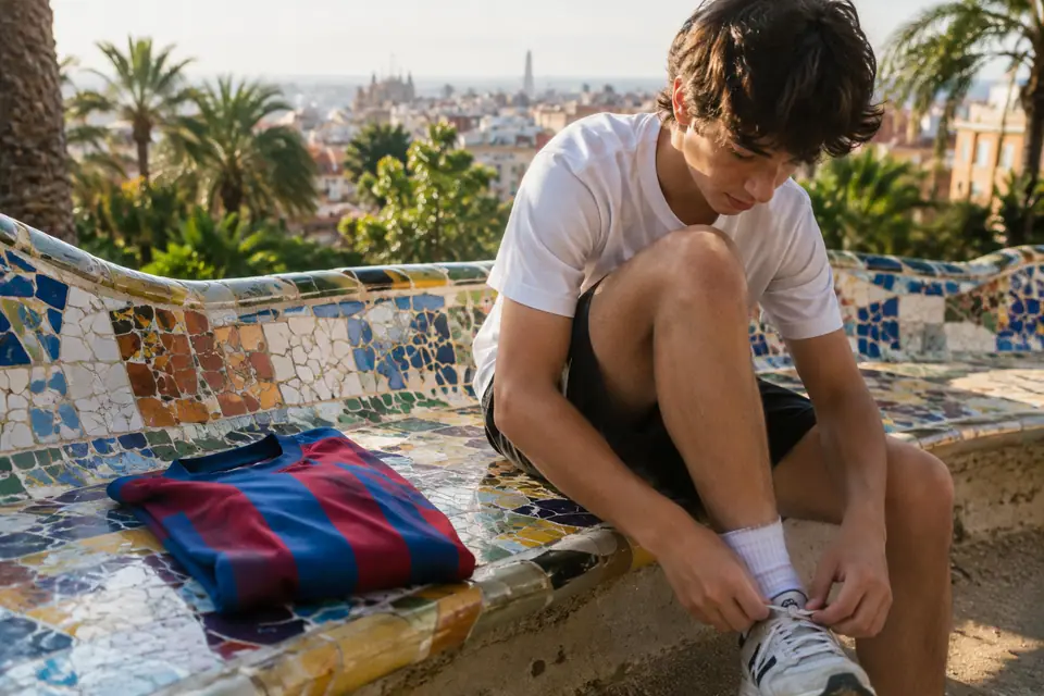Maillot de foot rétro à rayures bleues et grenat posé sur un banc en mosaïque ensoleillé