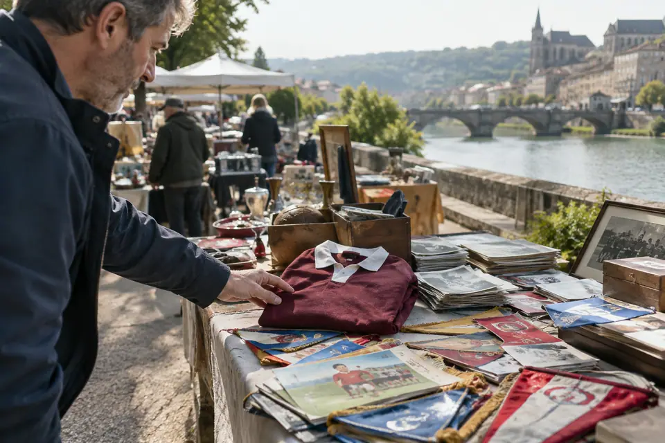 Maillot de foot grenat de style rétro sur un stand de brocante, un homme tend la main pour le prendre