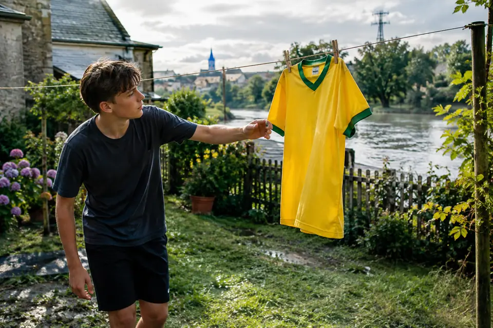 Adolescent décrochant un maillot de foot rétro jaune canari à liserés verts d'une corde à linge