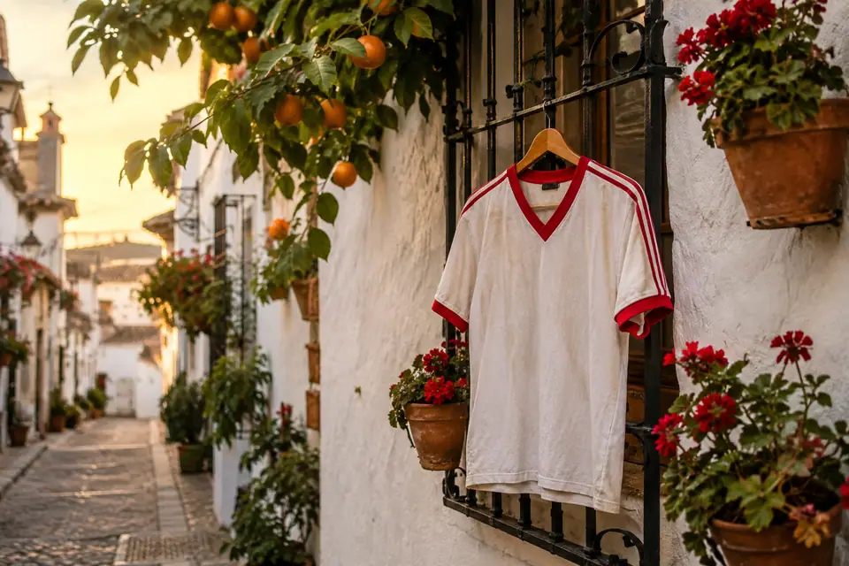 Maillot de foot blanc à liserés rouges suspendu à une grille de fenêtre dans une ruelle andalouse