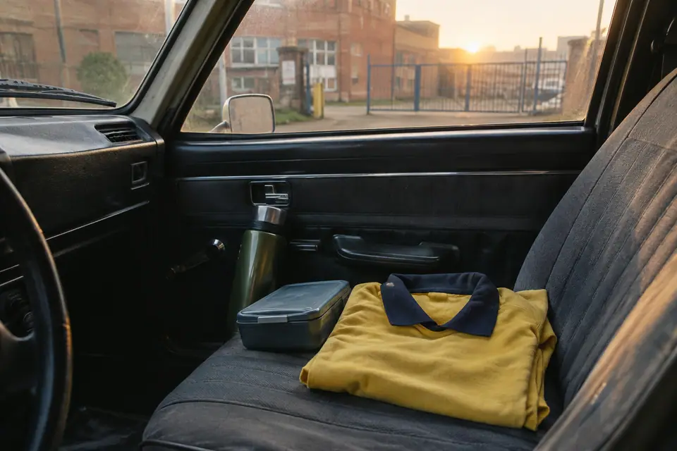 Maillot de foot jaune à col bleu de style rétro posé sur le siège d'une vieille voiture devant une usine