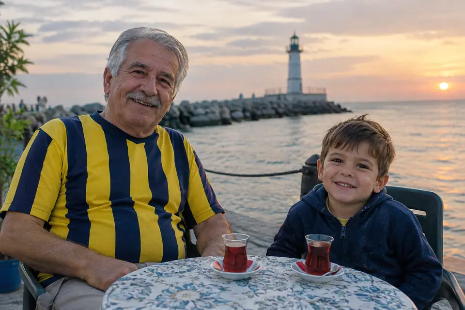 Grand-père en maillot rétro rayé jaune et bleu marine buvant un thé avec son petit-fils au bord de la mer